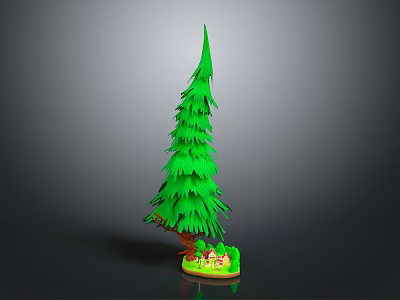 Detailed Green Pine Tree 3D Model With Small House On Grass Base 3d model