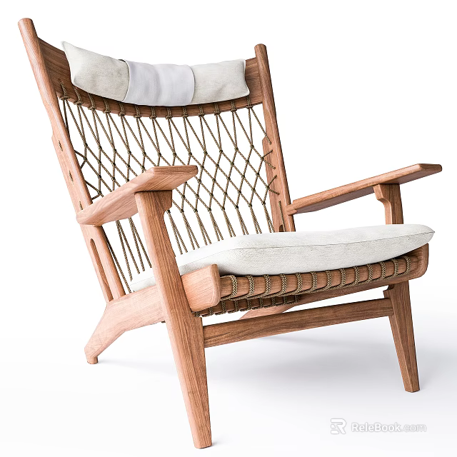 Natural Style Wooden Frame Leisure Chair With Woven Rope Design And White Cushion 3d model 