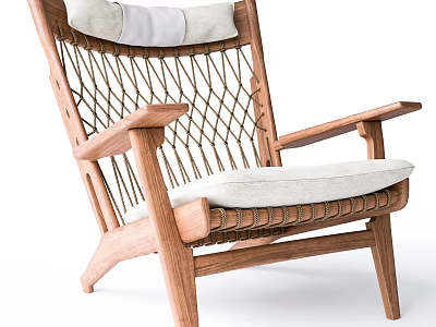Natural Style Wooden Frame Leisure Chair With Woven Rope Design And White Cushion 3d model