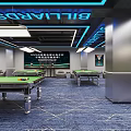 Elegant Billiard Room Interior With Green Table Colorful Balls Cues Comfortable Seating And Blue Lighting