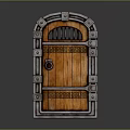 Decorative Wooden Door With Metal Frame Rivets Carved Patterns And Top Arched Window In Medieval