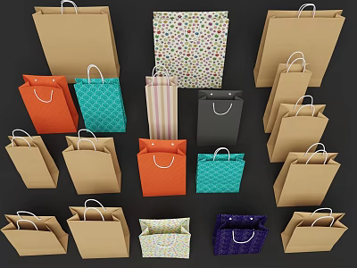 Assorted Colorful Paper Shopping Bags With Handles And Diverse Patterns 3d model