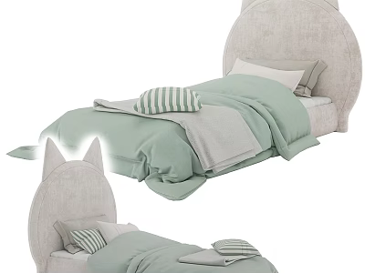Adorable Kids Bed Featuring Cat Ear Headboard Beige Frame Light Green Bedding And Striped Pillows 3d model