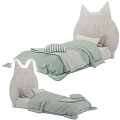 Adorable Kids Bed Featuring Cat Ear Headboard Beige Frame Light Green Bedding And Striped Pillows