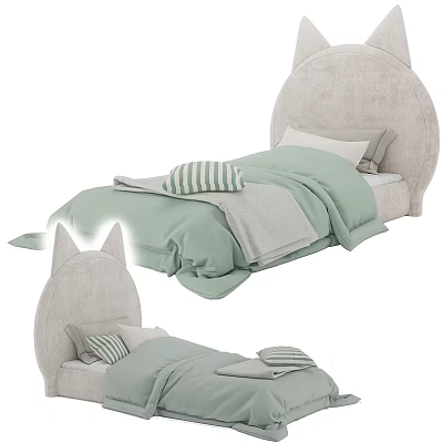 Adorable Kids Bed Featuring Cat Ear Headboard Beige Frame Light Green Bedding And Striped Pillows 3d model
