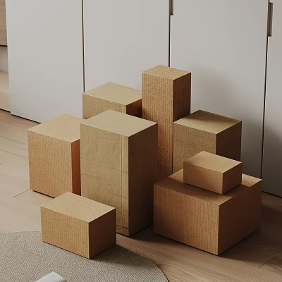 Various Sizes Corrugated Cardboard Boxes Stacked Neatly Arranged In Indoor Setting 3d model