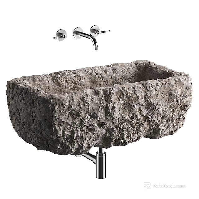 Natural Stone Bathroom Washbasin With Rough Texture And Silver Faucets Above Counter Design 3d model 