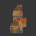 3D Model Of Multi Story Building With Pointed Roof Orange Brown Exterior And Stone Base