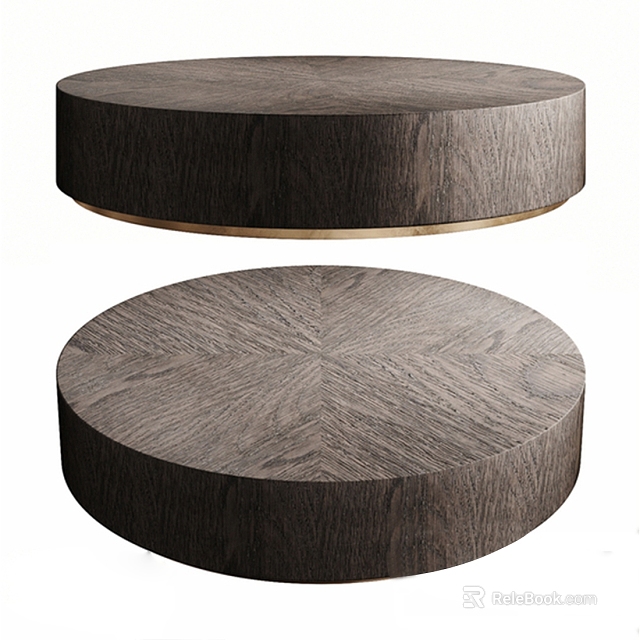 Round Wooden Coffee Tables With Textured Top Surface And Golden Base Trim 3d model 