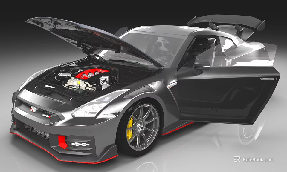 Silver Sports Car With Open Hood Red Engine Open Doors And Yellow Alloy Wheels 3d model 