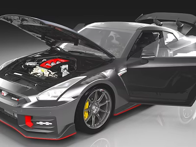 Silver Sports Car With Open Hood Red Engine Open Doors And Yellow Alloy Wheels 3d model