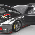 Silver Sports Car With Open Hood Red Engine Open Doors And Yellow Alloy Wheels