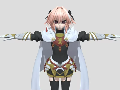 Anime Style Woman With Pink Hair White Cape Black Outfit And Gold Red Details 3d model