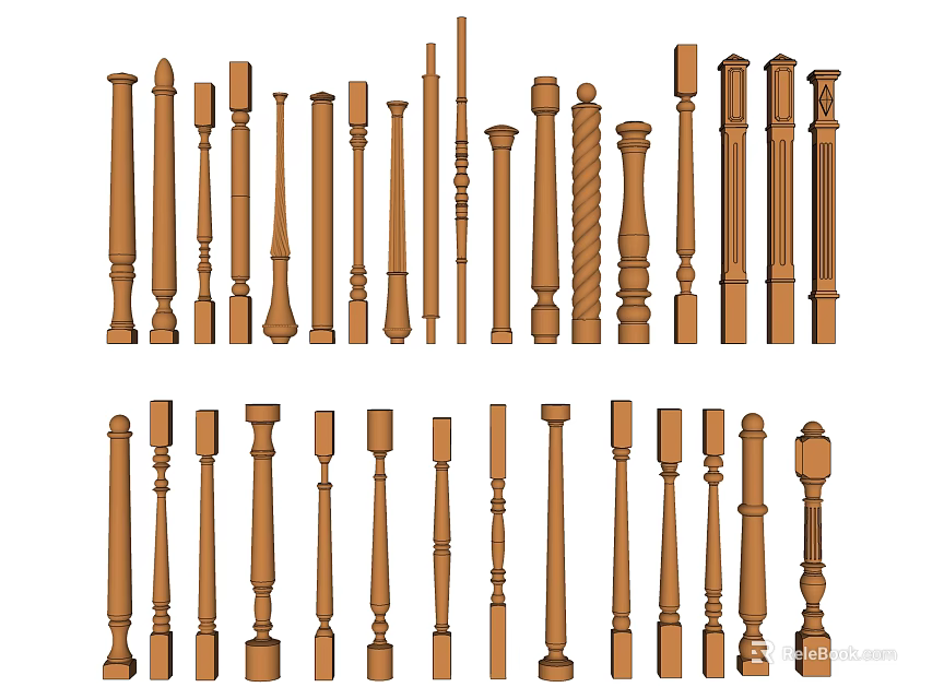 Wooden Balusters Collection Showcasing Various Architectural Designs And Decorative Styles 3d model 