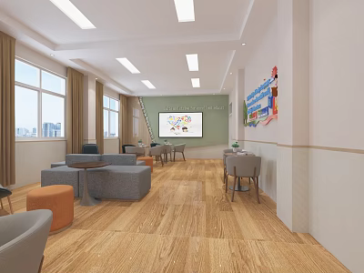 Modern School Learning Space With Comfortable Seating Whiteboard And Large Windows 3d model