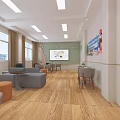 Modern School Learning Space With Comfortable Seating Whiteboard And Large Windows