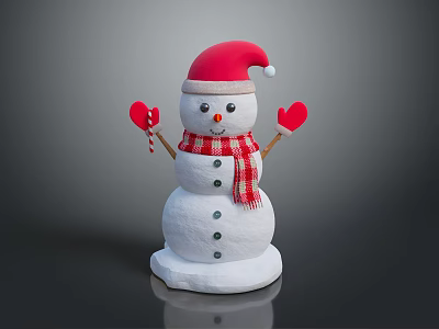 Snowman Character With Red Santa Hat Scarf Gloves And Candy Cane 3d model