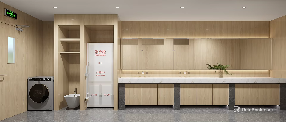 Modern Public Restroom Interior With Wooden Walls Mirrors Washbasins And Cabinets 3d model 