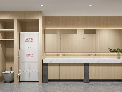 Modern Public Restroom Interior With Wooden Walls Mirrors Washbasins And Cabinets 3d model