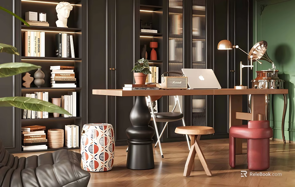 Elegant Study Room Interior With Black Bookshelves Wooden Desk Laptop Lamp And Sculpture 3d model 