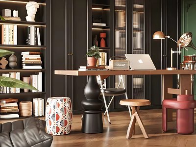 Elegant Study Room Interior With Black Bookshelves Wooden Desk Laptop Lamp And Sculpture 3d model