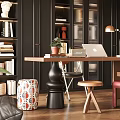Elegant Study Room Interior With Black Bookshelves Wooden Desk Laptop Lamp And Sculpture