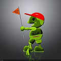 Green Robot Character With Red Cap Holding Caution Flag And SLOW Text On Chest