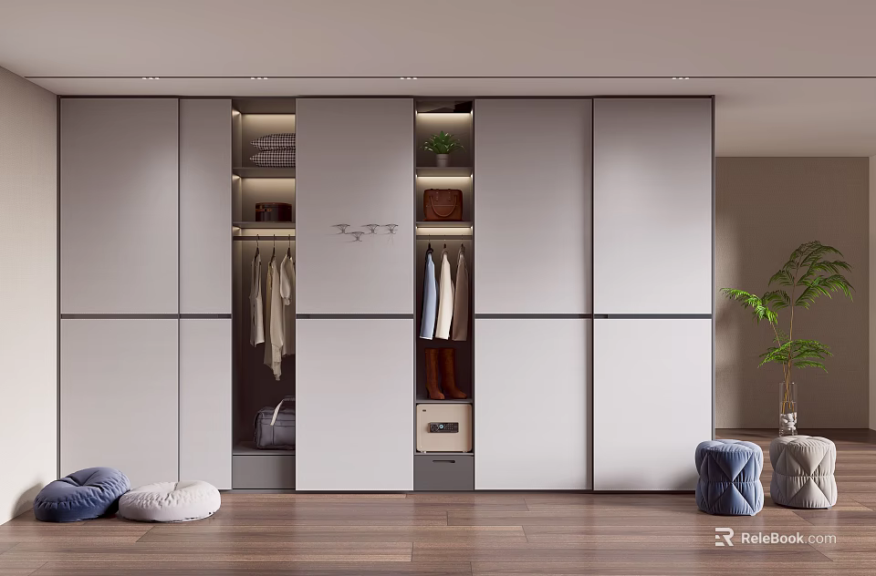 Modern Wardrobe Interior Design With Sliding Doors Hanging Clothes And Storage Shelves 3d model 