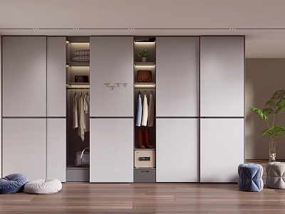 Modern Wardrobe Interior Design With Sliding Doors Hanging Clothes And Storage Shelves 3d model