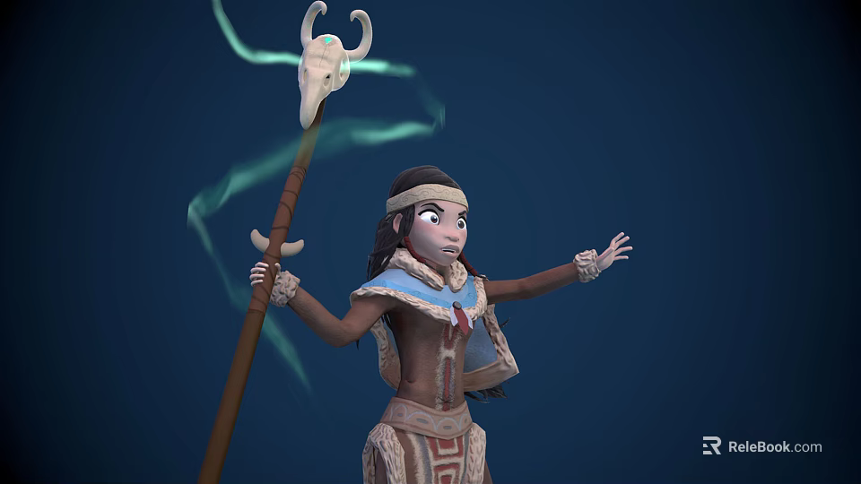 Mystical Tribal Character With Antlered Staff And Green Spirit Smoke Casting Spell 3d model 