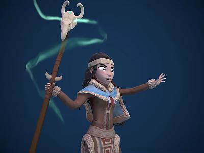 Mystical Tribal Character With Antlered Staff And Green Spirit Smoke Casting Spell 3d model