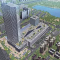 Birds Eye View Urban Planning Featuring Modern High Rise Buildings Central Green Park And Riverfront