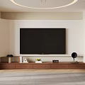 Modern Minimalist TV Wall Design With Large Screen TV Wooden Stand And Bookshelf Decorations