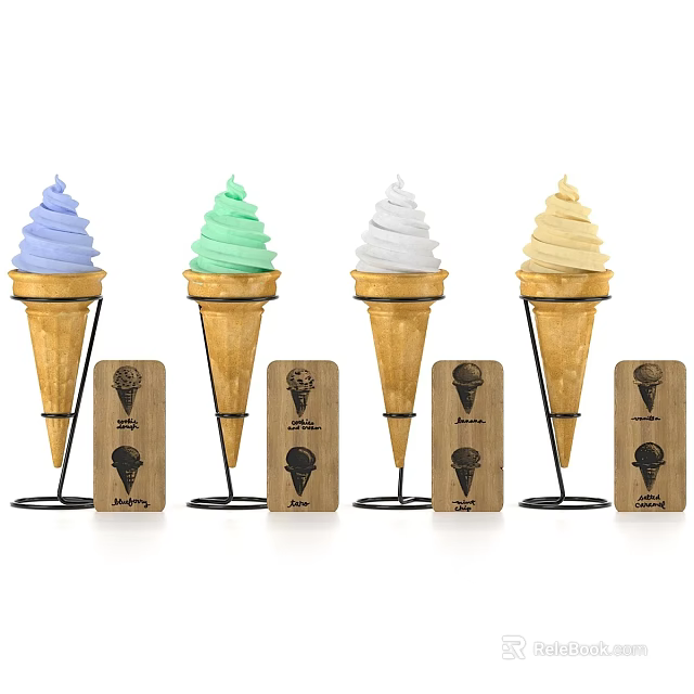 Colorful Ice Cream Cones In Various Colors With Scoop Logo Tags On Metal Stands 3d model 