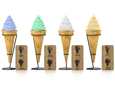 Colorful Ice Cream Cones In Various Colors With Scoop Logo Tags On Metal Stands 3d model