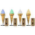 Colorful Ice Cream Cones In Various Colors With Scoop Logo Tags On Metal Stands