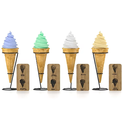 Colorful Ice Cream Cones In Various Colors With Scoop Logo Tags On Metal Stands 3d model
