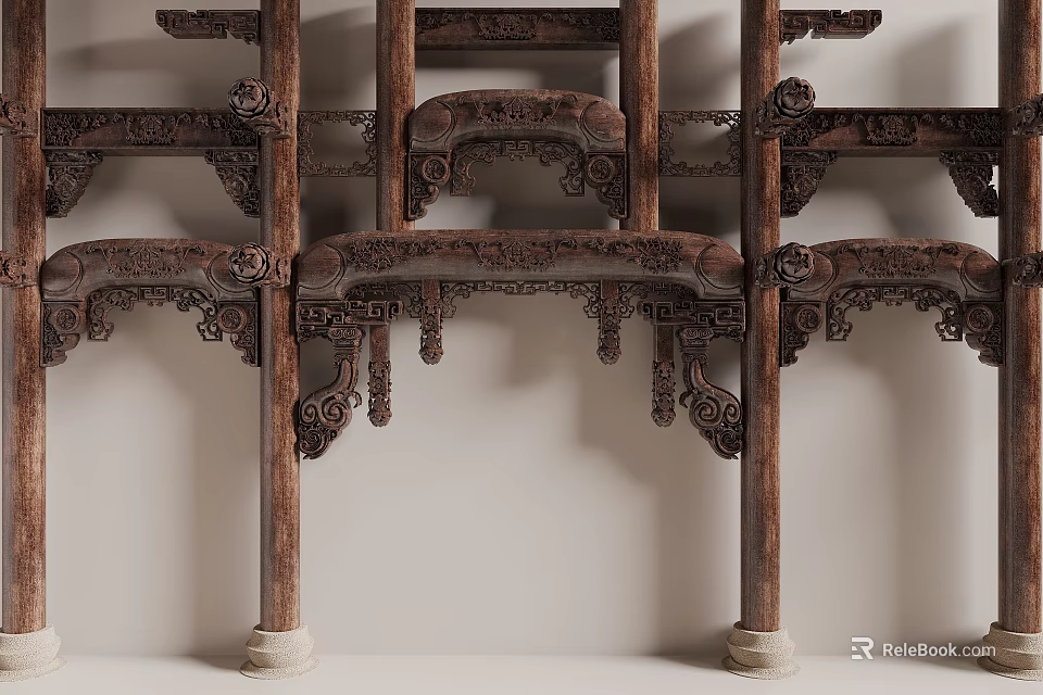 Traditional Wooden Carved Columns With Ornate Architectural Details And Intricate Patterns 3d model 