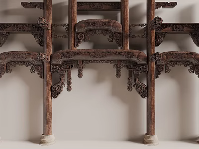 Traditional Wooden Carved Columns With Ornate Architectural Details And Intricate Patterns 3d model
