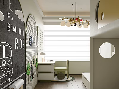 Kids Room Interior Design With Chalkboard Wall Round Windows Chandelier Desk And Chair 3d model