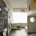 Kids Room Interior Design With Chalkboard Wall Round Windows Chandelier Desk And Chair