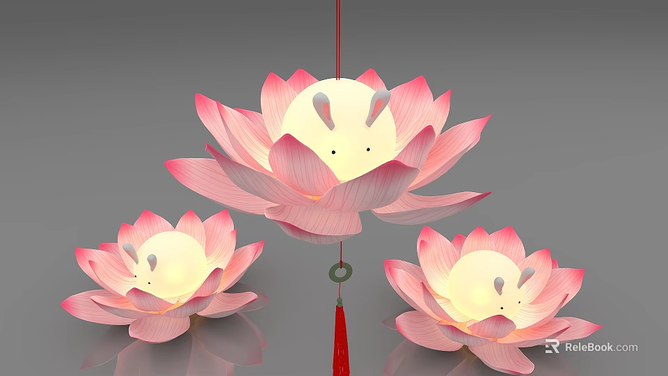 Three Hanging Pink And White Lotus Decorative Lights With Rabbit Face Tassel 3d model 