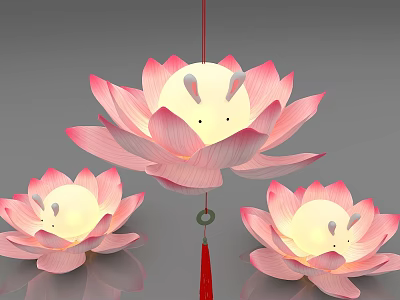 Three Hanging Pink And White Lotus Decorative Lights With Rabbit Face Tassel 3d model