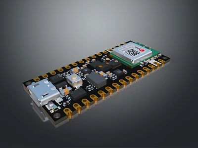 Compact Computer Circuit Board With Microchip USB Port Gold Pins And Electronic Components 3d model