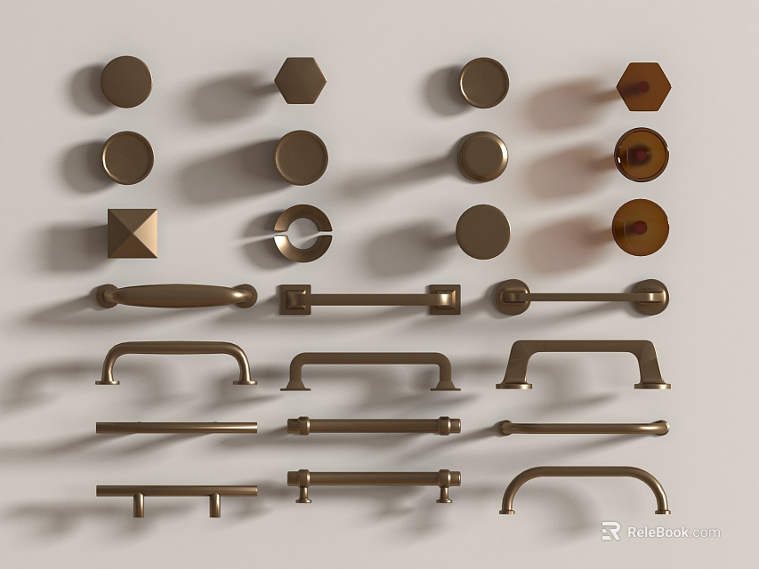 Display Of Various Shaped Brass Furniture Handles With Round Hexagonal And Bar Designs 3d model 