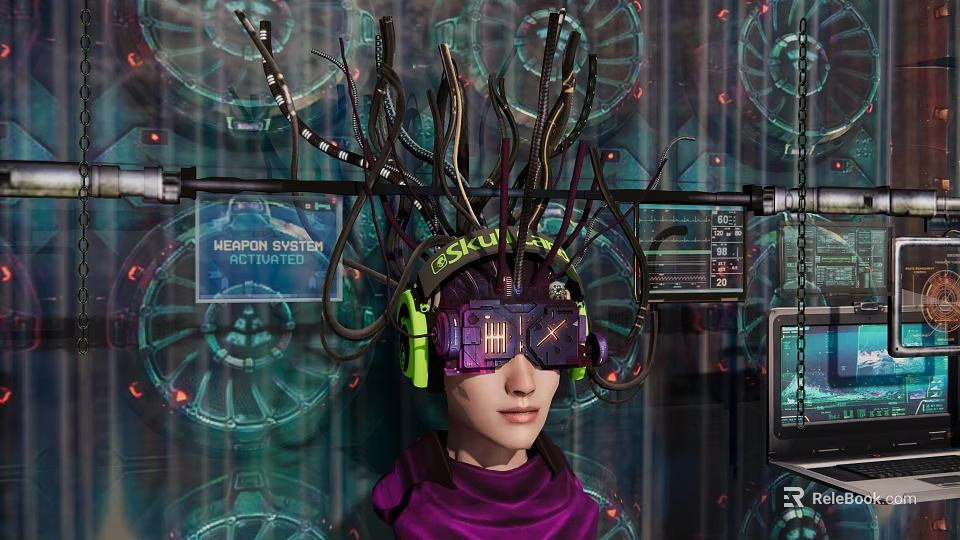 Cyberpunk Game Movie Character With Mechanical Headgear Headphones Antennas Purple Outfit Tech Screens And Gears 3d model 