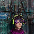 Cyberpunk Game Movie Character With Mechanical Headgear Headphones Antennas Purple Outfit Tech Screens And Gears