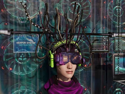 Cyberpunk Game Movie Character With Mechanical Headgear Headphones Antennas Purple Outfit Tech Screens And Gears 3d model
