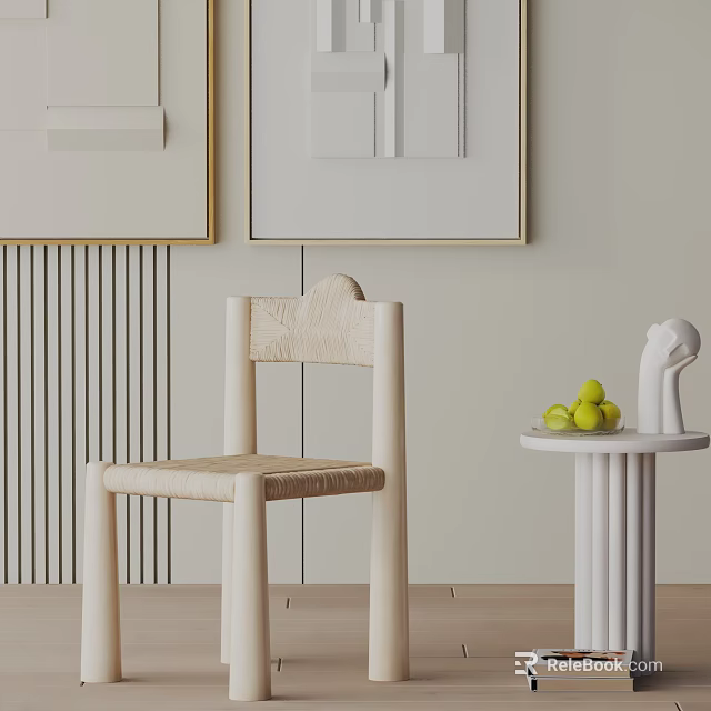 Minimalist Leisure Chair With Wooden Frame Wicker Seat And Round Side Table Holding Green Fruits 3d model 