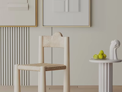 Minimalist Leisure Chair With Wooden Frame Wicker Seat And Round Side Table Holding Green Fruits 3d model